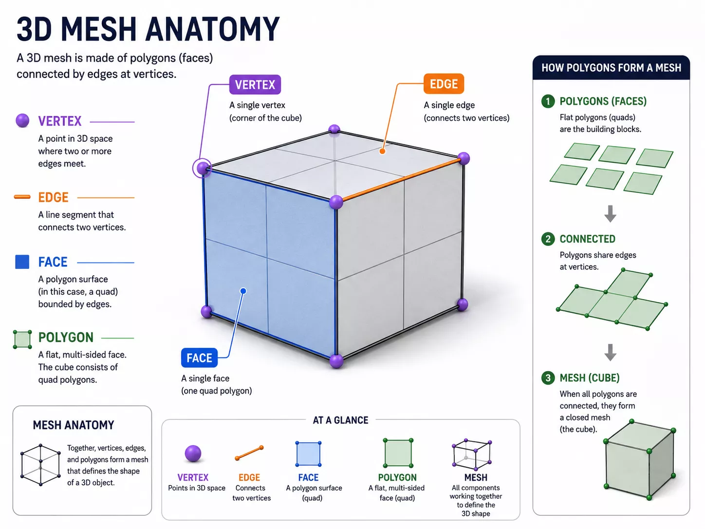 What Is 3D Modeling: A Beginner's Guide 3D mesh anatomy diagram with a labeled cube explaining vertices, edges, faces, and polygons