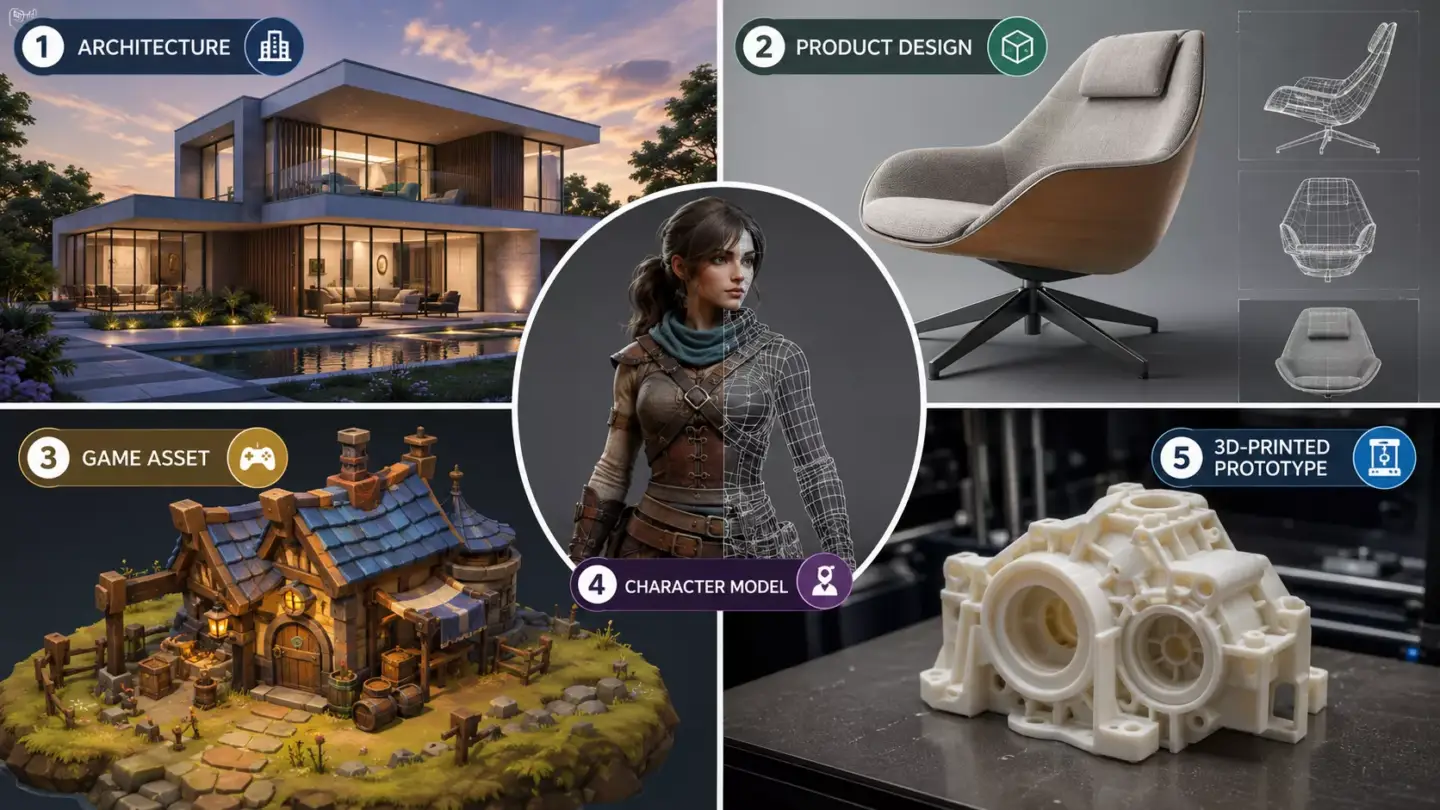 What Is 3D Modeling: A Beginner's Guide Five real-world 3D modeling examples: architecture, product design, game asset, character model, and 3D-printed prototype