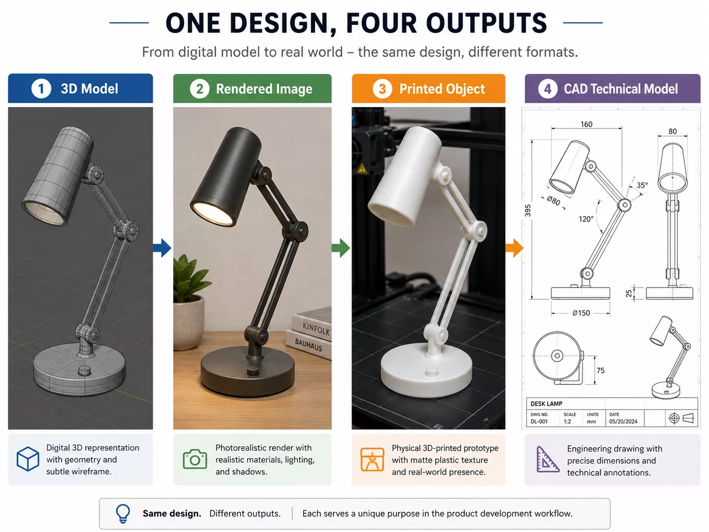 What Is 3D Modeling: A Beginner's Guide Infographic showing one desk lamp as four outputs: 3D model, rendered image, 3D-printed object, and CAD technical drawing