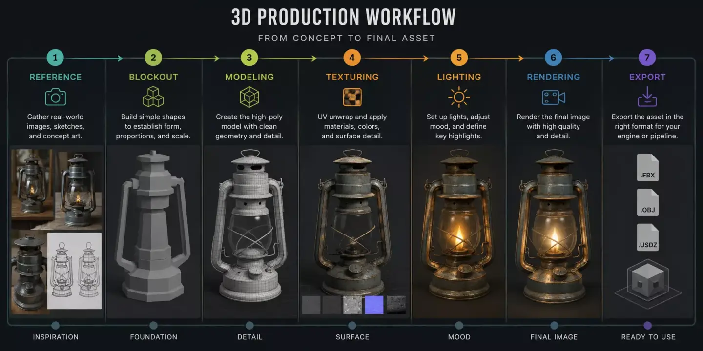 What Is 3D Modeling: A Beginner's Guide 3D production workflow infographic with seven steps from reference to export illustrated using a vintage lantern