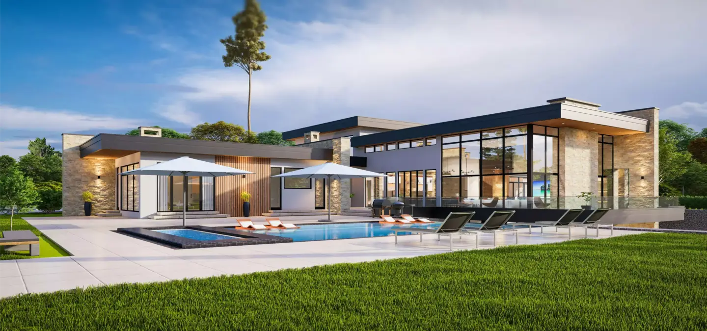 Modern house exterior 3D rendering showing clean lines, glass facade and landscaped surroundings at golden hour