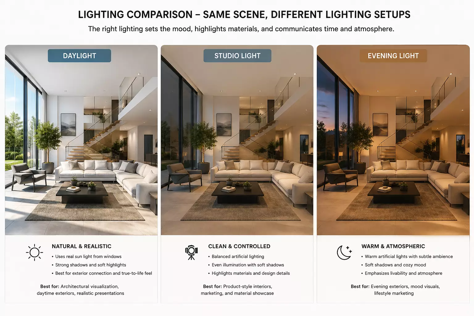 3D Rendering Process: From Digital Model to Photorealistic Result Lighting setup in 3D rendering — studio lights, sun position and reflections shaping the scene