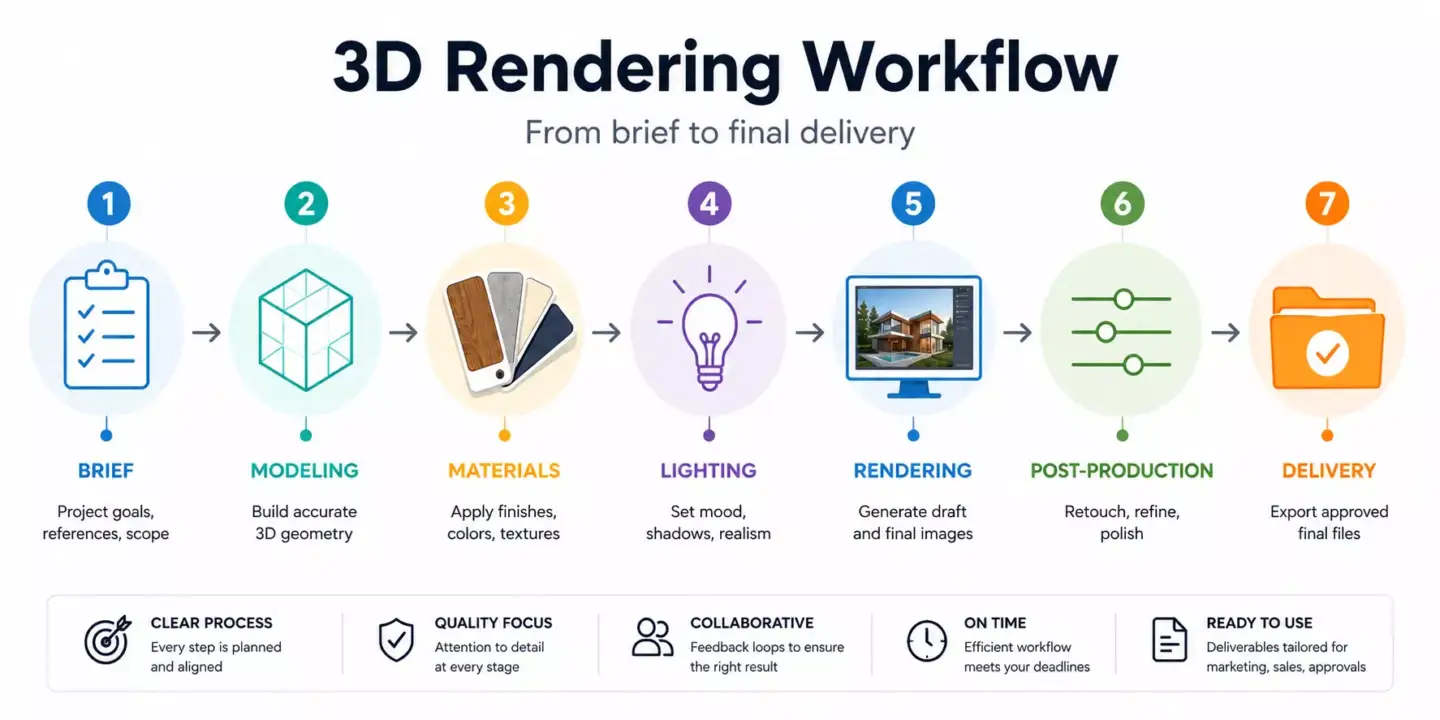 3D Rendering Process: From Digital Model to Photorealistic Result How the 3D rendering process works — pipeline from a 3D model through lighting to the final image