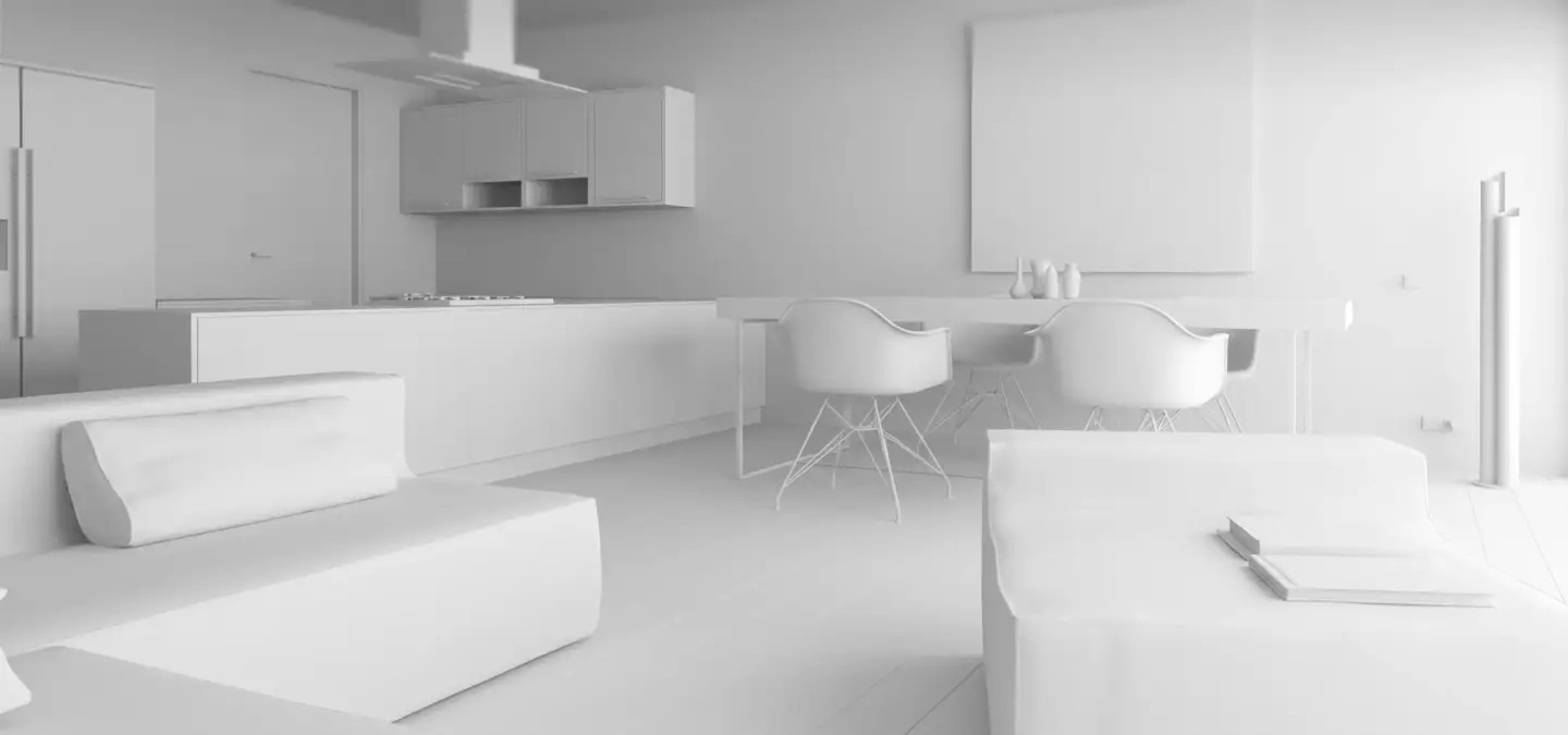 3D rendering process — wireframe model evolving through materials, lighting and final render output