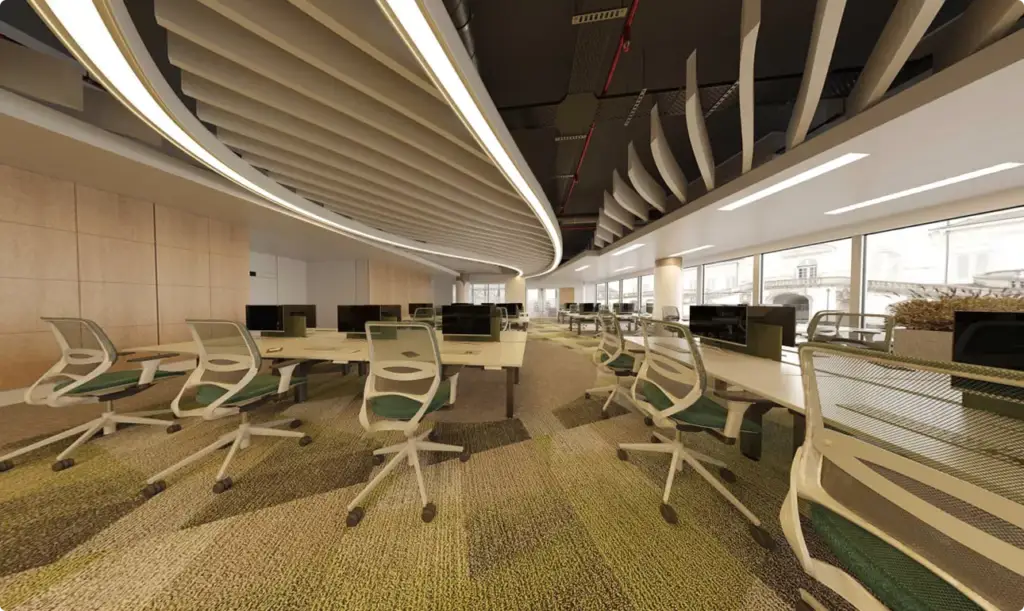 3D Virtual Tours of modern open office with curved ceiling panels and workstations
