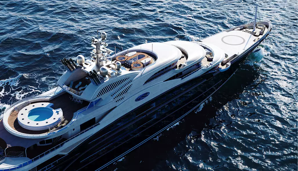 3D yacht visualization with aerial angle of a superyacht cruising through open water
