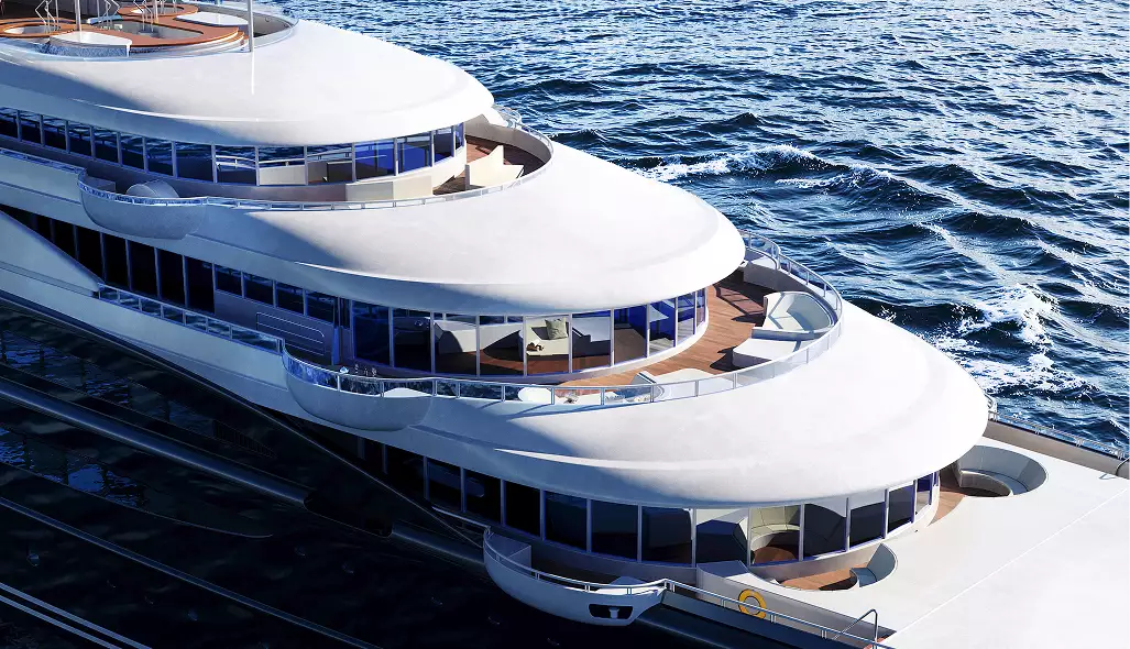 3D yacht visualization showing curved white decks with panoramic ocean facing windows