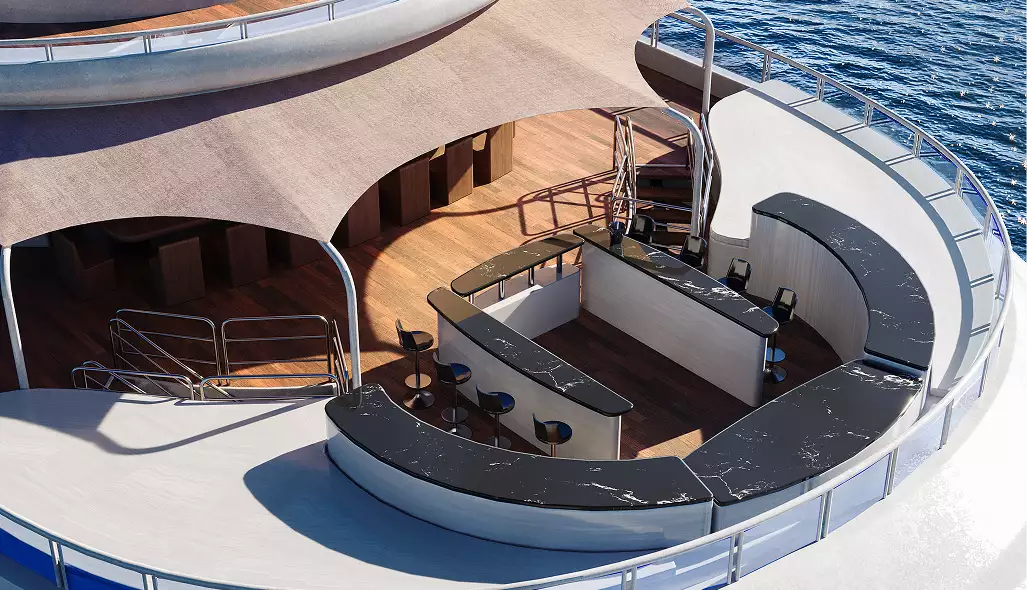 3D yacht visualization featuring an outdoor deck bar with curved counters and seating