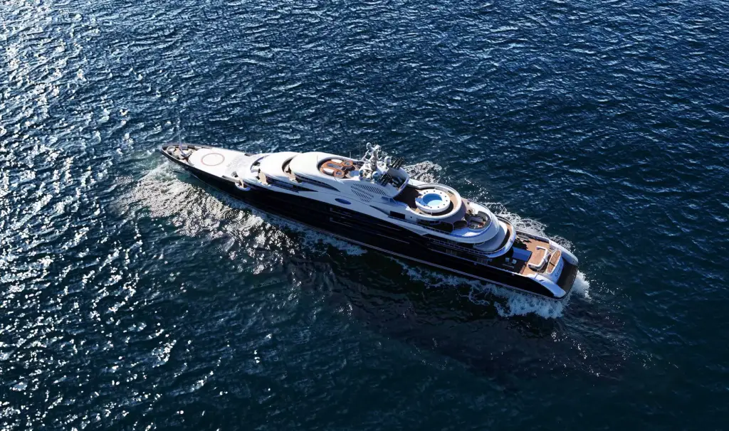 3D yacht visualization with wide aerial view of a superyacht surrounded by blue ocean