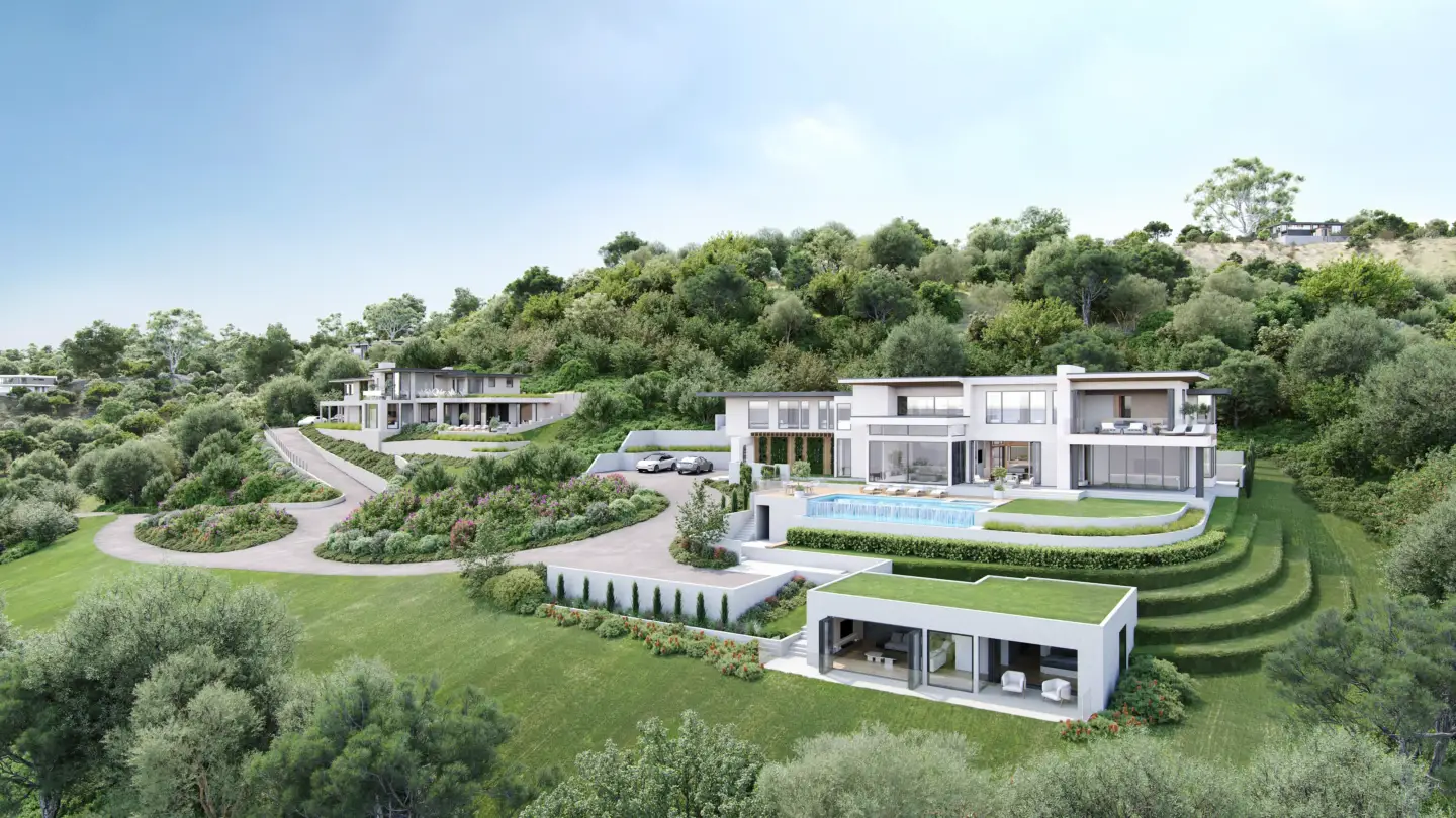 Top Architectural Animation Studios for Real Estate Marketing in 2026 Architectural animation studios render of hillside luxury homes with infinity pools
