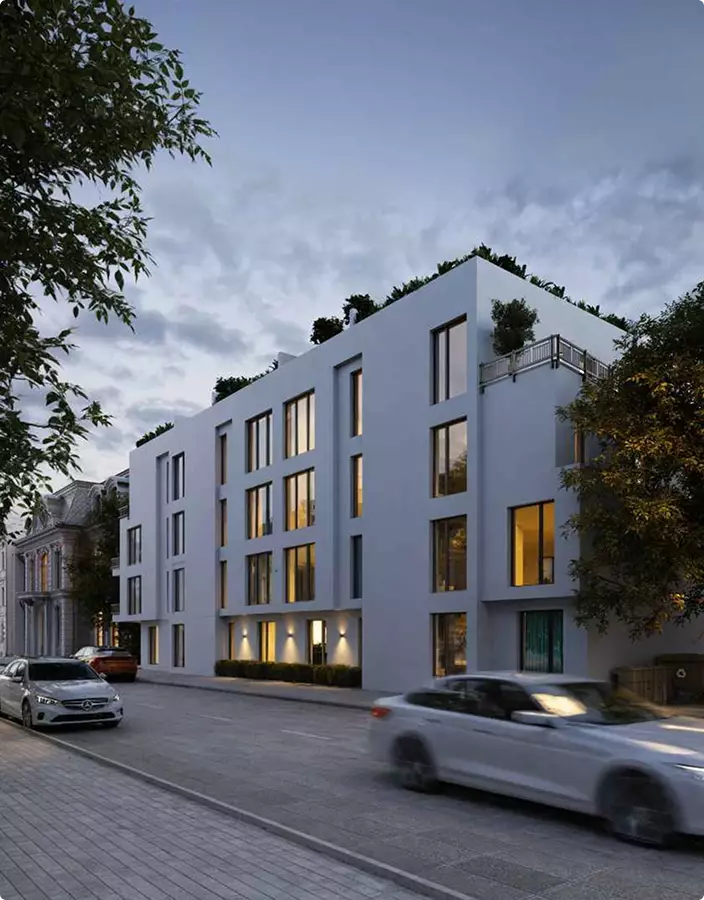 Top Architectural Animation Studios for Real Estate Marketing in 2026 Architectural animation studios render of white minimalist apartment building at dusk
