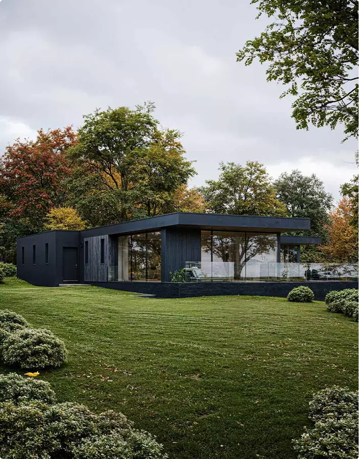 Top Architectural Animation Studios for Real Estate Marketing in 2026 Architectural animation studios render of black modern bungalow with glass walls