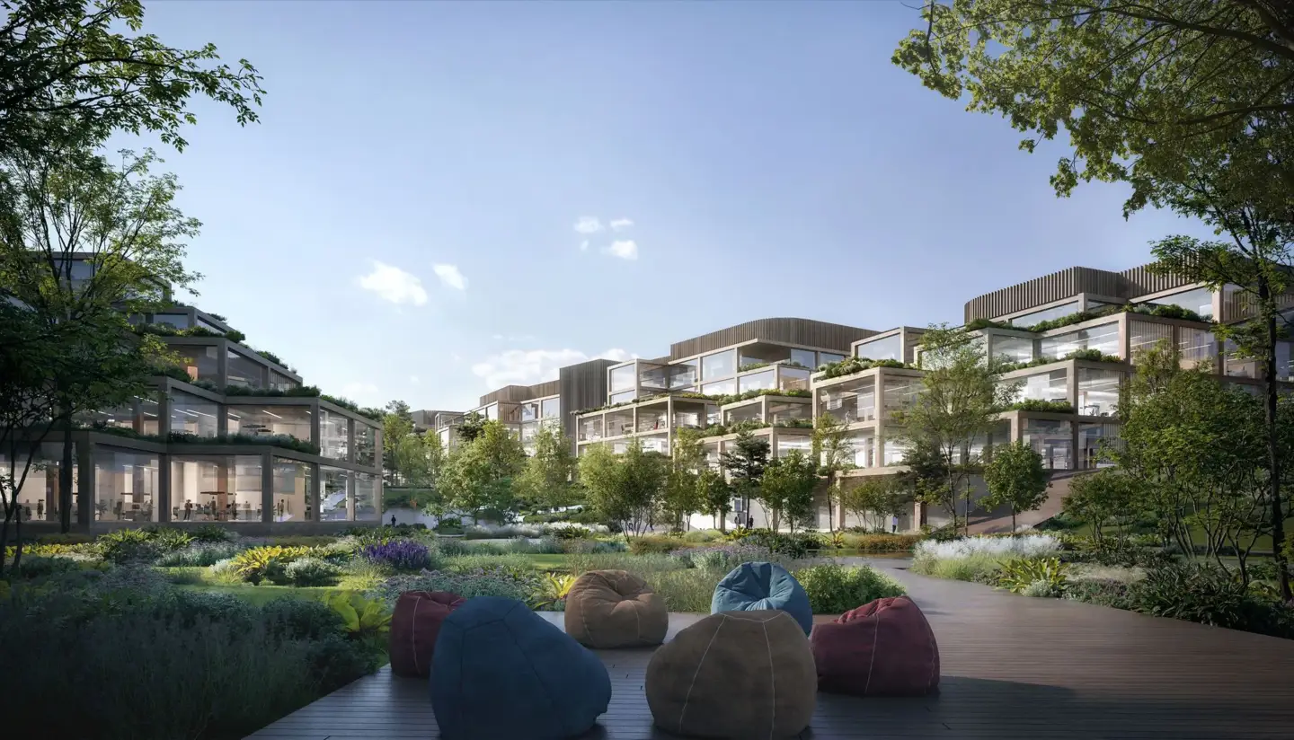 Top Architectural Animation Studios for Real Estate Marketing in 2026 Architectural animation studios render of modern campus buildings with landscaped park