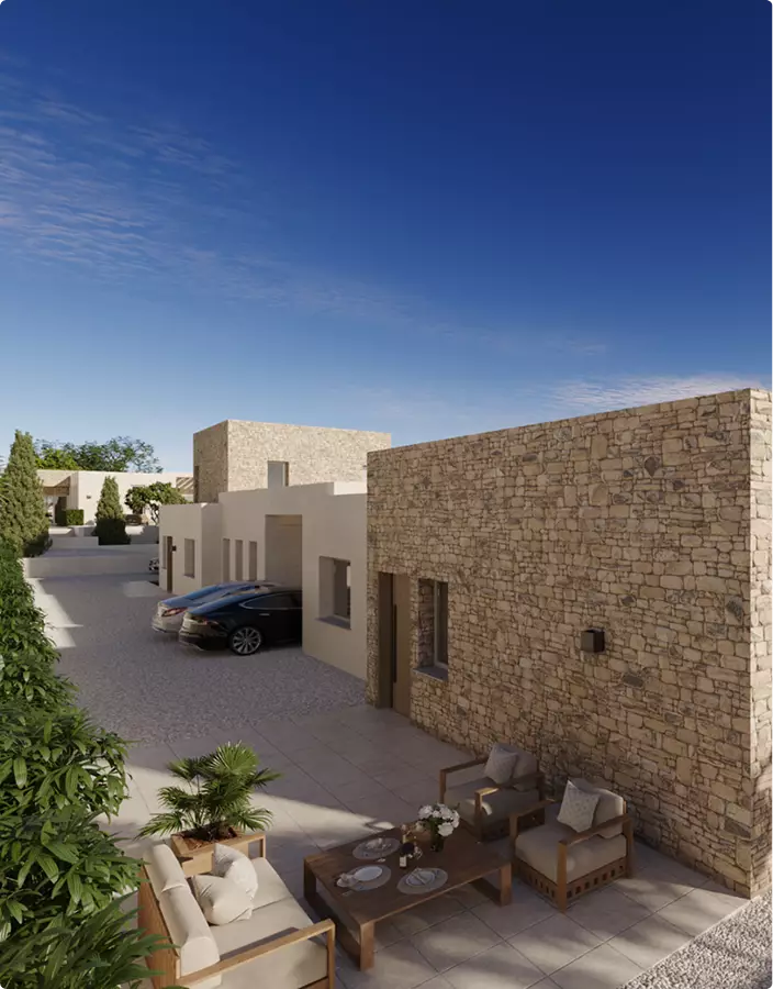 Top Architectural Animation Studios for Real Estate Marketing in 2026 Architectural animation studios render of stone courtyard homes with outdoor seating