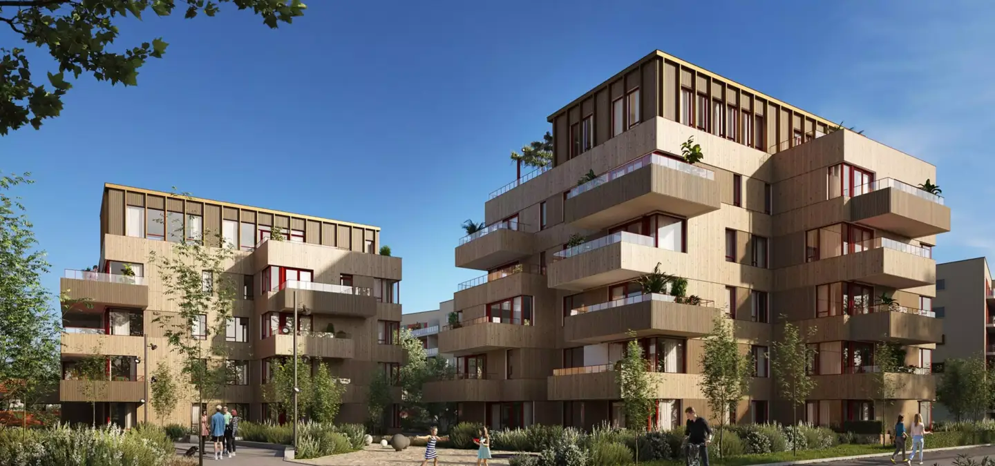 Architectural animation studios render of modern wood apartment buildings with balconies