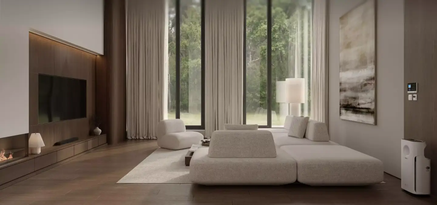 Architectural render of living room with sectional sofa, fireplace, tall windows, and wood floor