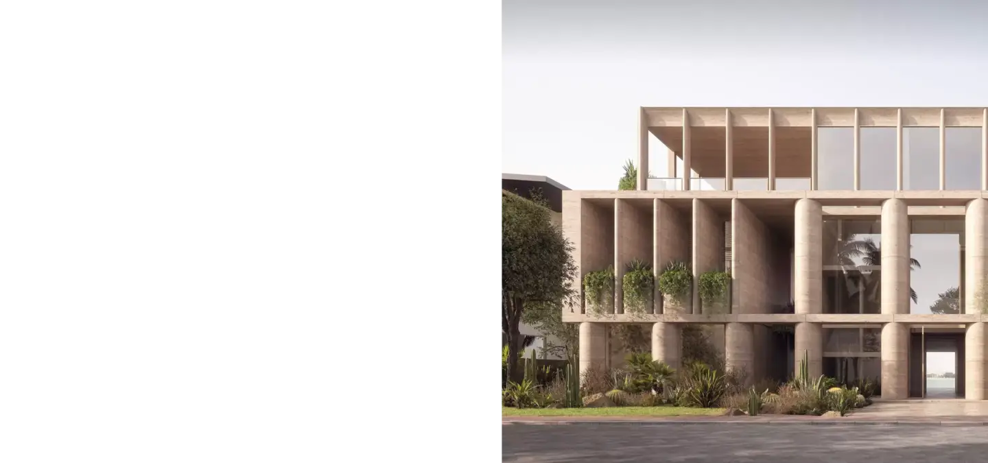 Modern building facade architectural rendering with columns, glass walls, and landscaped plants at entrance