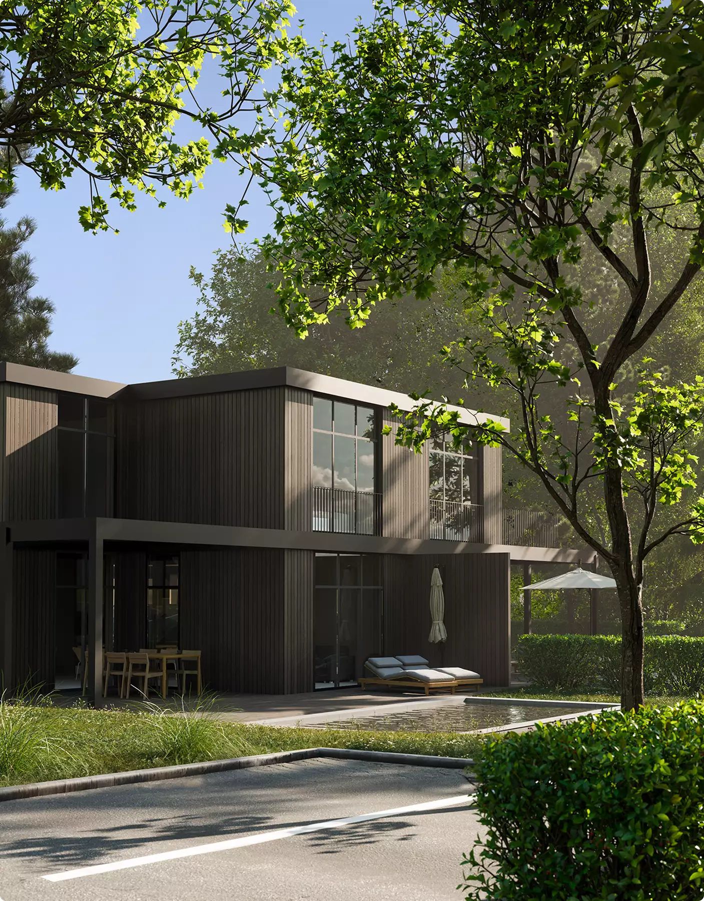 Modern two story home with large windows under trees, Architectural Photomontage Services