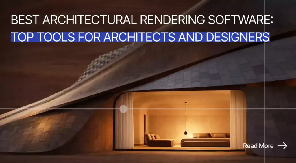 Curved modern home exterior architectural rendering at night with warm interior lighting and open living space