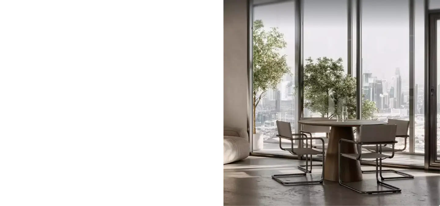 Modern dining area architectural rendering with round table, chairs, and city skyline through large windows
