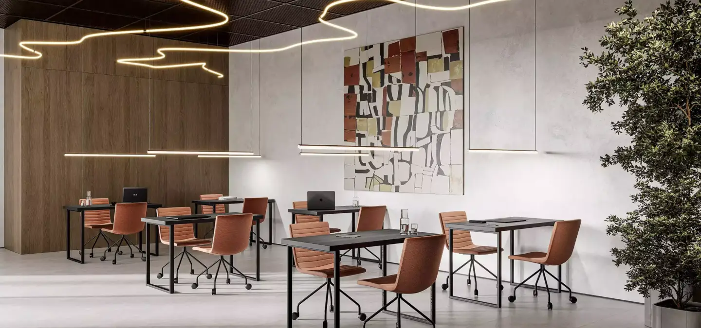 Modern office interior architectural rendering with desks, chairs, wall art, and hanging linear lighting
