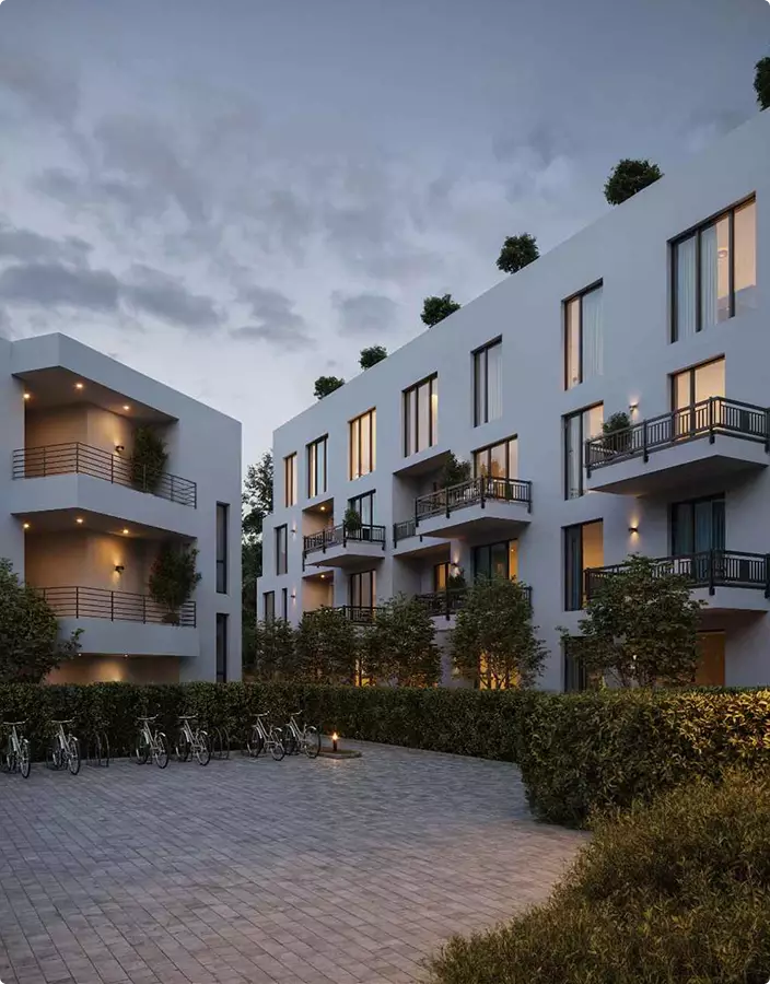 Architectural Rendering Process: 7 Key Stages for Better Project Visualization Contemporary apartment buildings with balconies and courtyard at dusk, Architectural Rendering Process