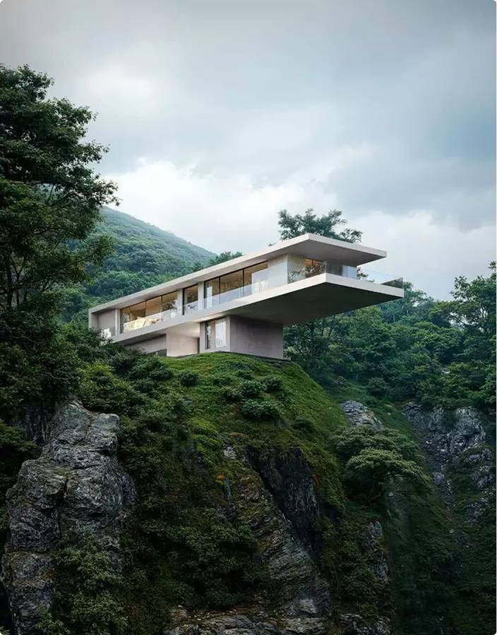 Architectural Rendering Process: 7 Key Stages for Better Project Visualization Modern cantilever house on cliff surrounded by forest under cloudy sky, Architectural Rendering Process