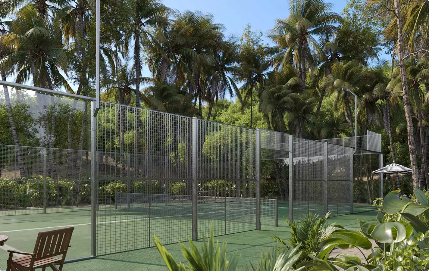 Architectural Rendering Process: 7 Key Stages for Better Project Visualization Outdoor tennis court with metal fencing surrounded by tropical trees, Architectural Rendering Process