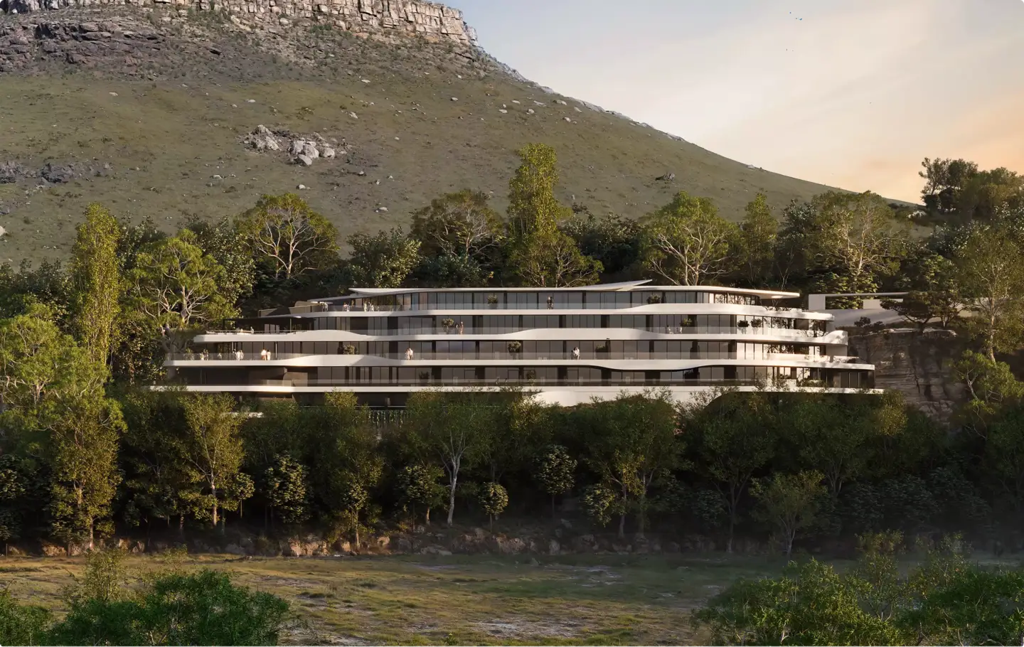 Architectural Rendering Process: 7 Key Stages for Better Project Visualization Terraced modern building in forest hillside setting with curved balconies, Architectural Rendering Process