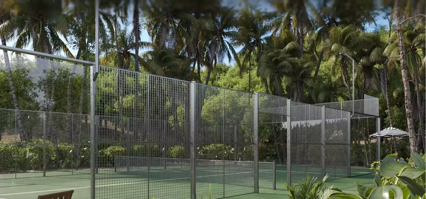 Outdoor sports court architectural rendering with metal fencing surrounded by palm trees and greenery