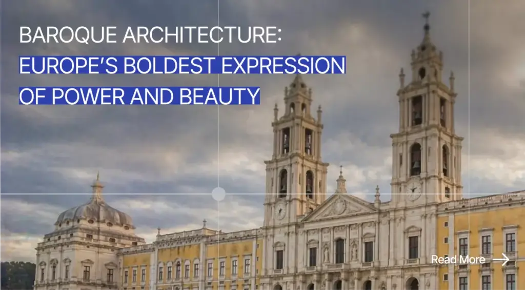 Mafra National Palace used as a Baroque architecture banner with text about power and beauty