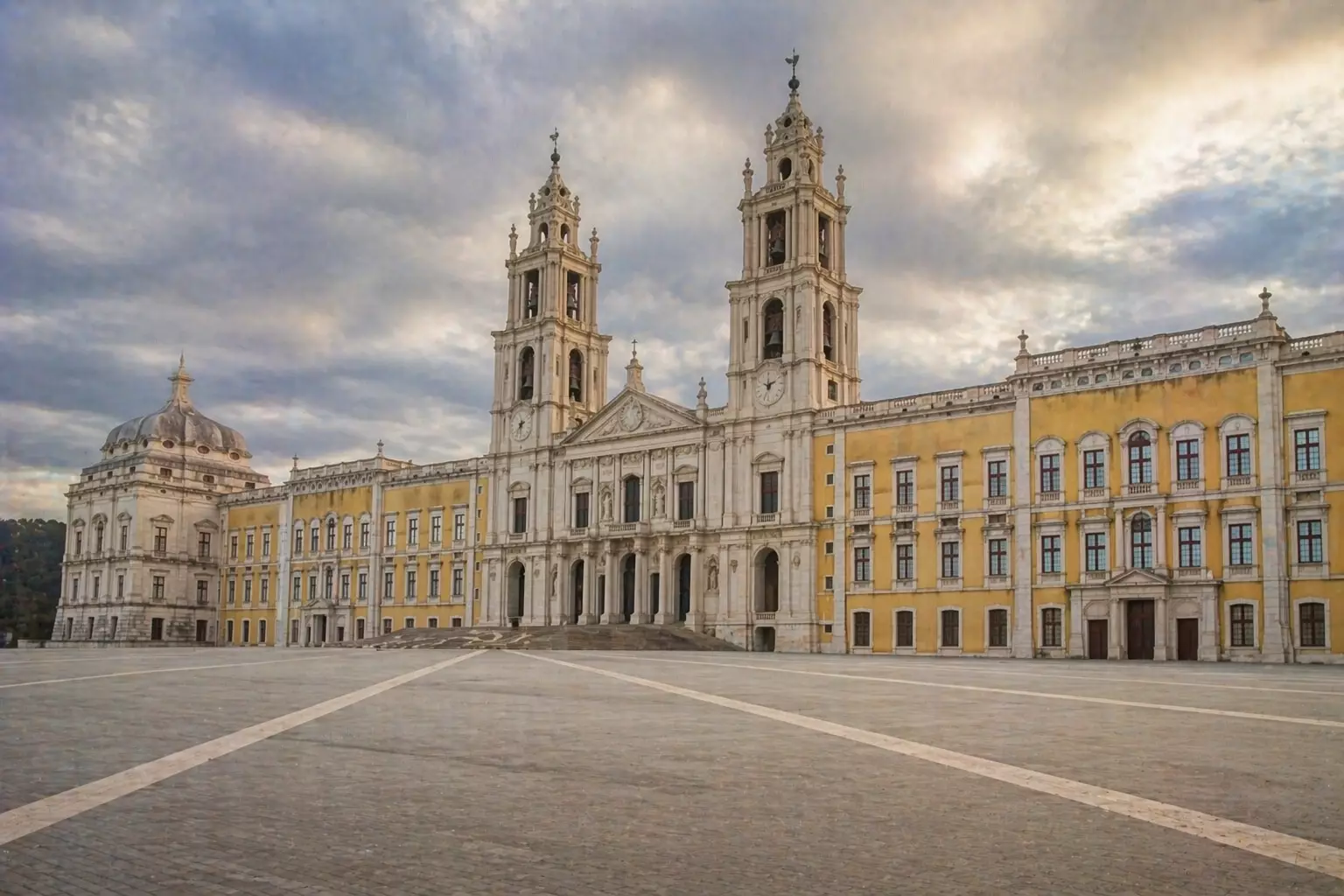 Baroque Architecture: Europe’s Boldest Expression of Power and Beauty Baroque palace with twin towers and large square under cloudy sky, Baroque Architecture