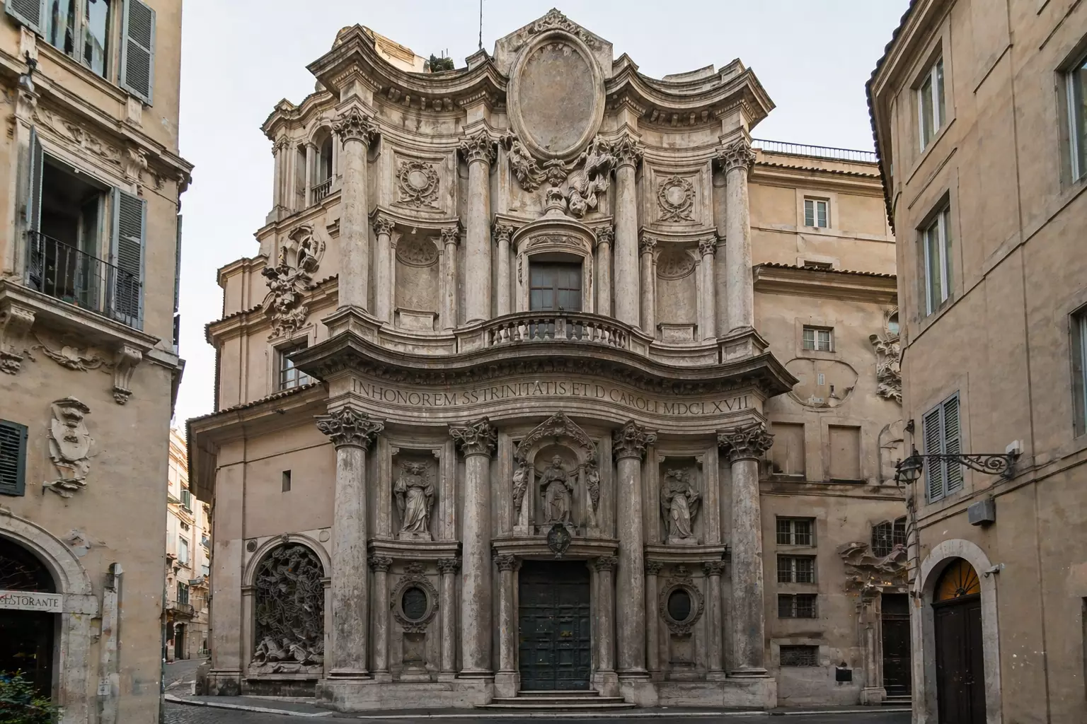 Baroque Architecture: Europe’s Boldest Expression of Power and Beauty Ornate baroque church facade with columns in narrow street, Baroque Architecture