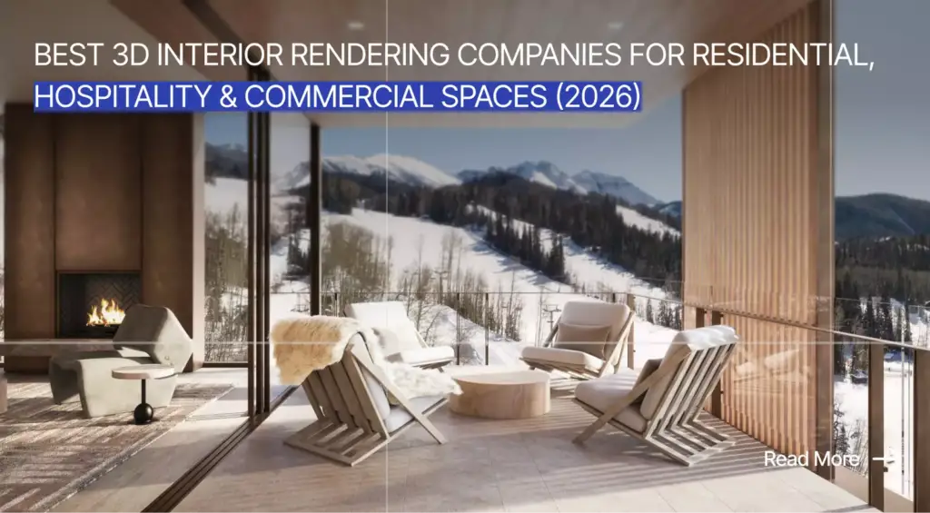 Best 3D Interior Rendering Companies banner with luxury mountain terrace and snowy resort views