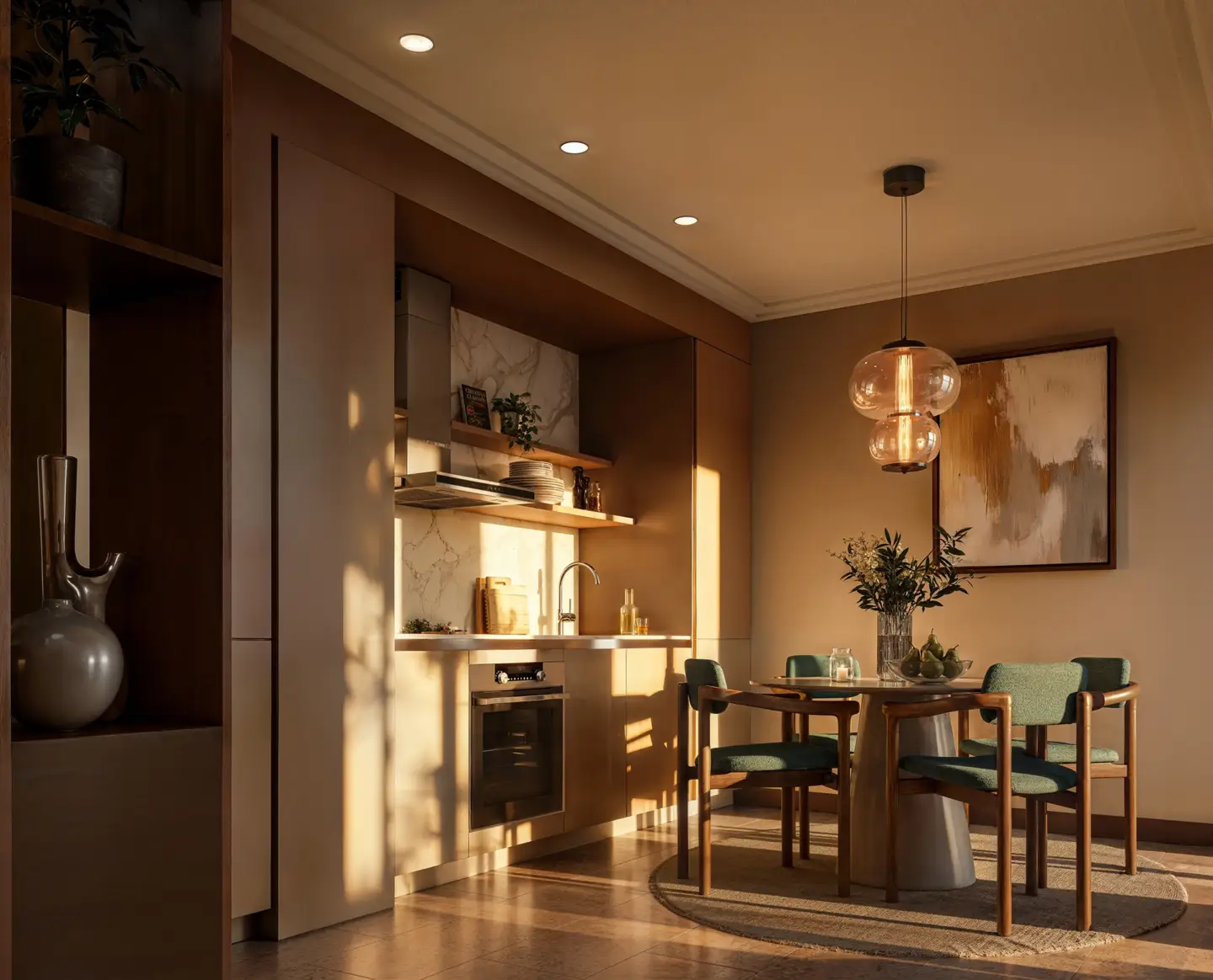 Best 3D Interior Rendering Companies in 2026 Warm modern kitchen and dining area at sunset with wood finishes and soft lighting