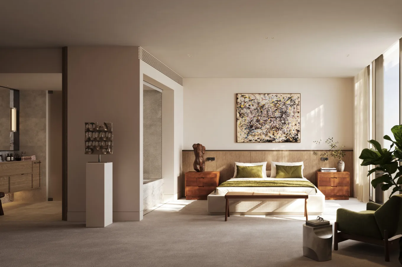 Best 3D Interior Rendering Companies in 2026 Spacious luxury bedroom with warm wood accents and calm residential interior design