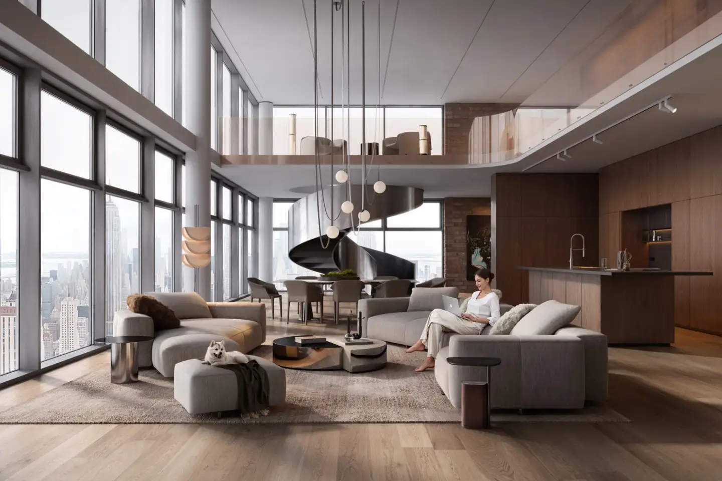 Best 3D Interior Rendering Companies in 2026 Double-height luxury living room with spiral staircase and large feature windows