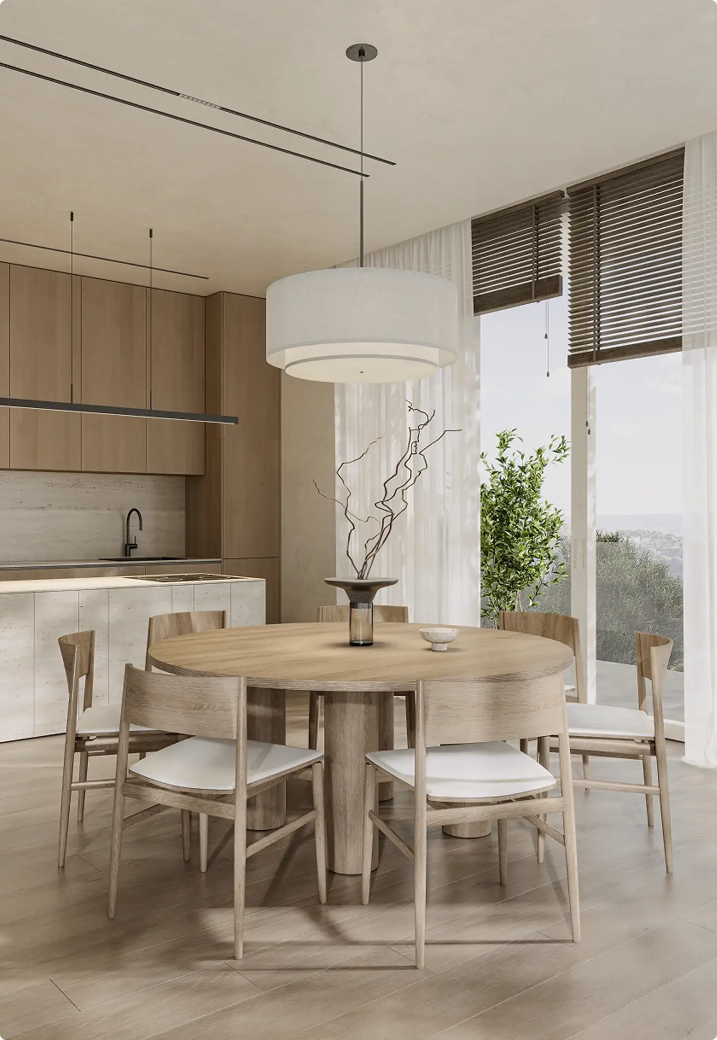 Best 3D Interior Rendering Companies in 2026 Minimalist wood dining room with large pendant light for interior design rendering