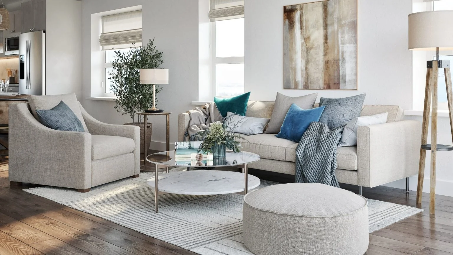 Best 3D Interior Rendering Companies in 2026 Bright modern living room with blue accent pillows, neutral furniture, and daylight