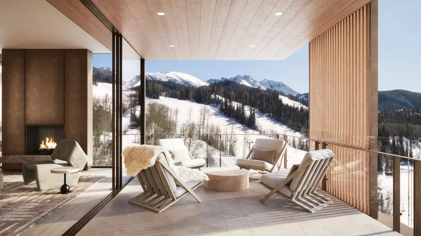 Best 3D Interior Rendering Companies in 2026 Mountain terrace lounge with fireplace, dining area, and snowy landscape views