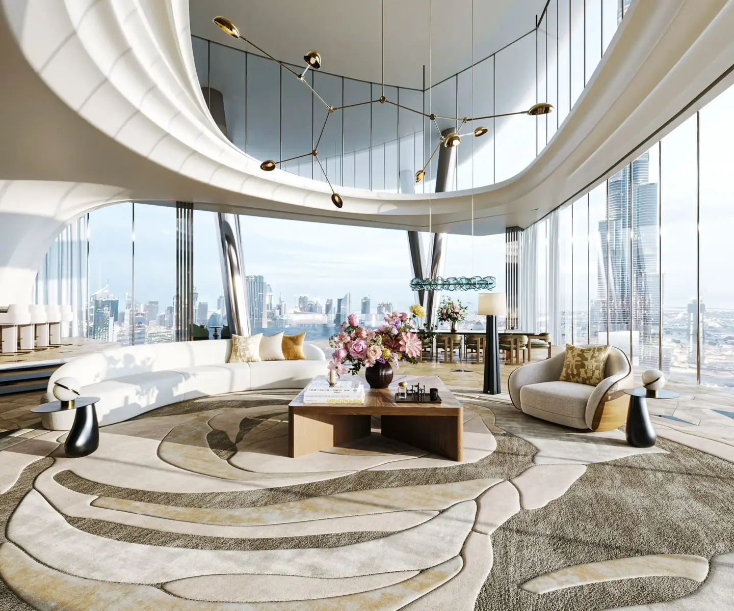 Best 3D Interior Rendering Companies in 2026 Curved luxury penthouse interior with panoramic city views and lounge seating
