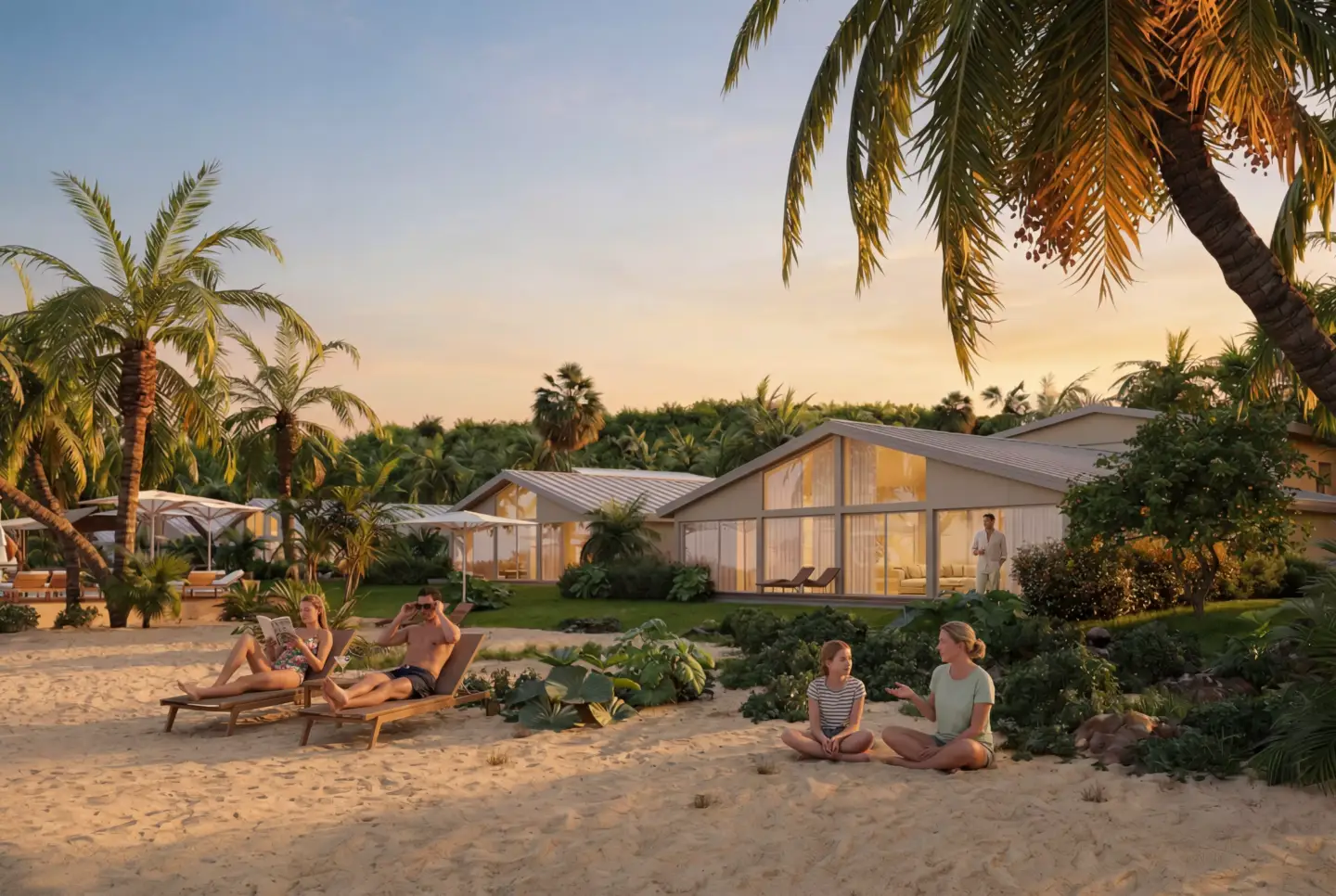 Best 3D Rendering Companies in Abu Dhabi for Real Estate & Architecture Beach resort villas with people relaxing at sunset, Best 3D Rendering Companies in Abu Dhabi for Real Estate & Architecture