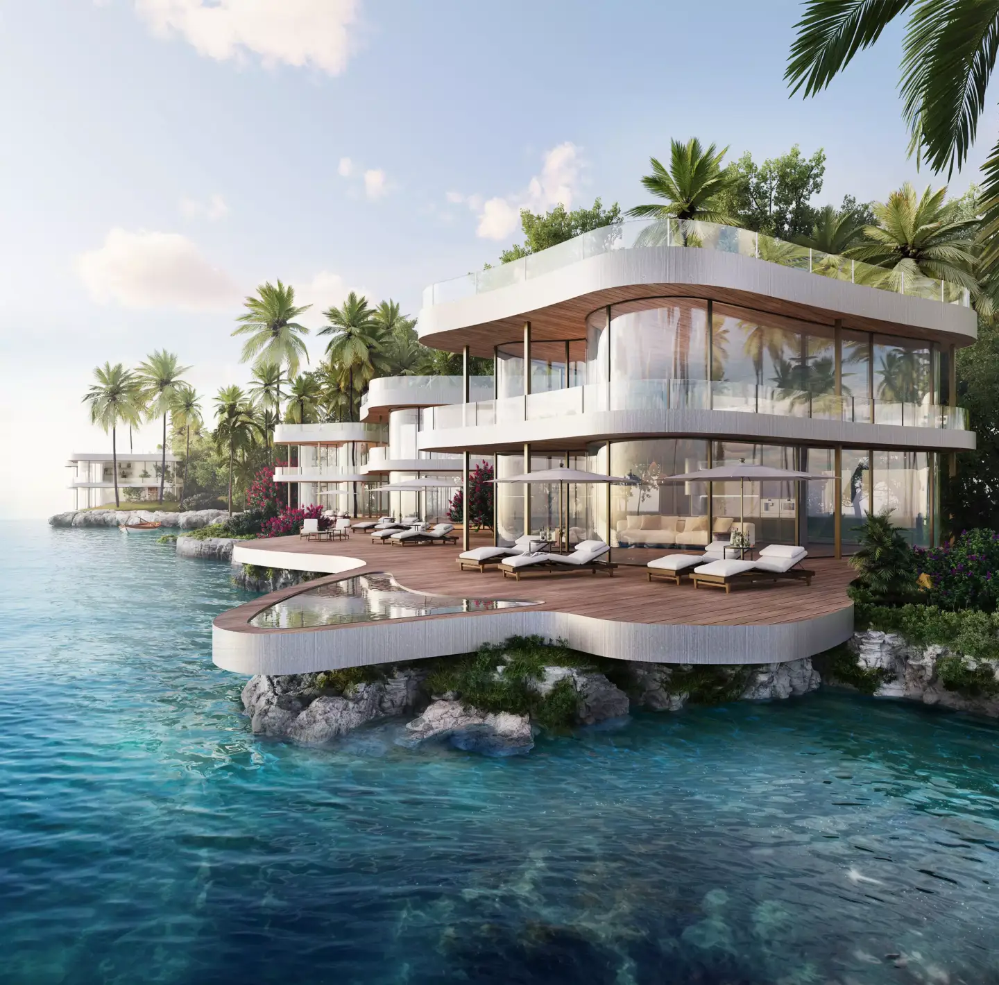 Best 3D Rendering Companies in Abu Dhabi for Real Estate & Architecture Curved beachfront villas with terraces over water and palm trees, Best 3D Rendering Companies in Abu Dhabi for Real Estate & Architecture