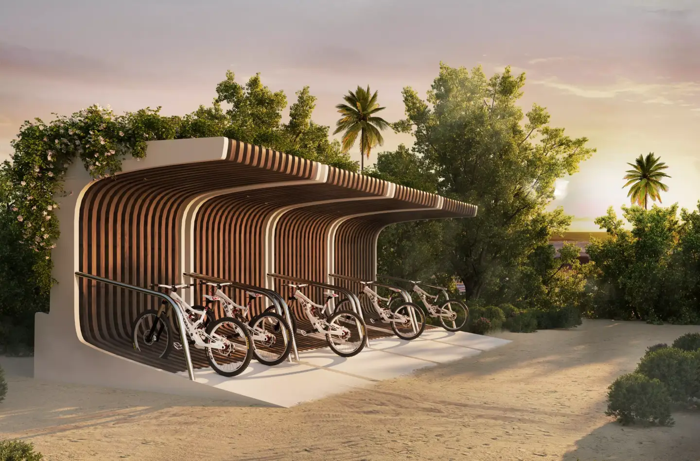 Best 3D Rendering Companies in Abu Dhabi for Real Estate & Architecture Modern wooden bike shelter with bicycles in landscaped park, Best 3D Rendering Companies in Abu Dhabi for Real Estate & Architecture