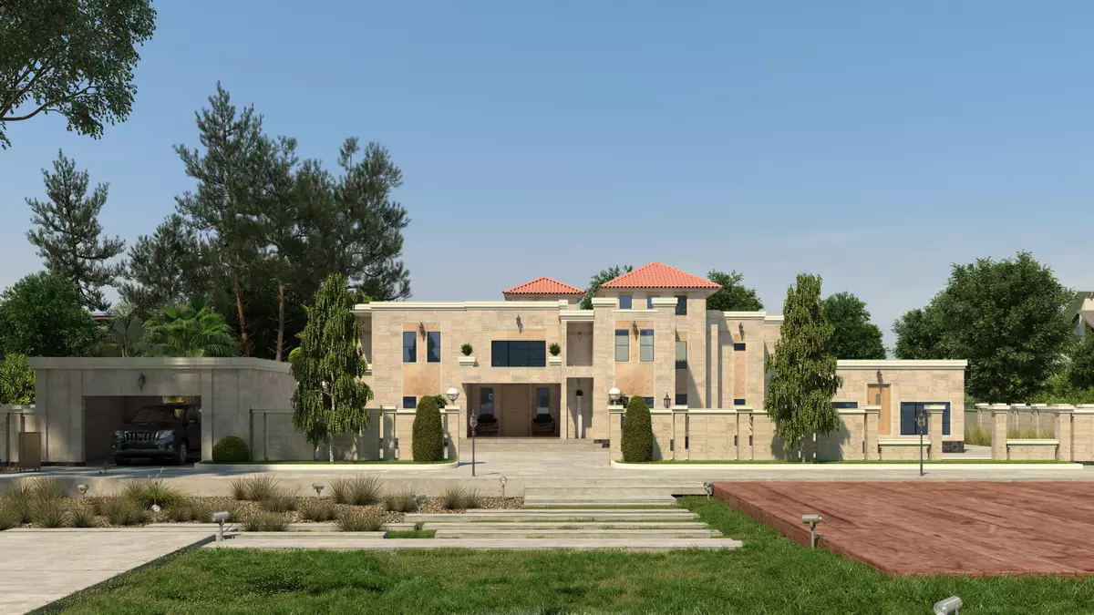 Best 3D Rendering Companies in Abu Dhabi for Real Estate & Architecture Large villa with courtyard and trees in suburban area, Best 3D Rendering Companies in Abu Dhabi for Real Estate & Architecture