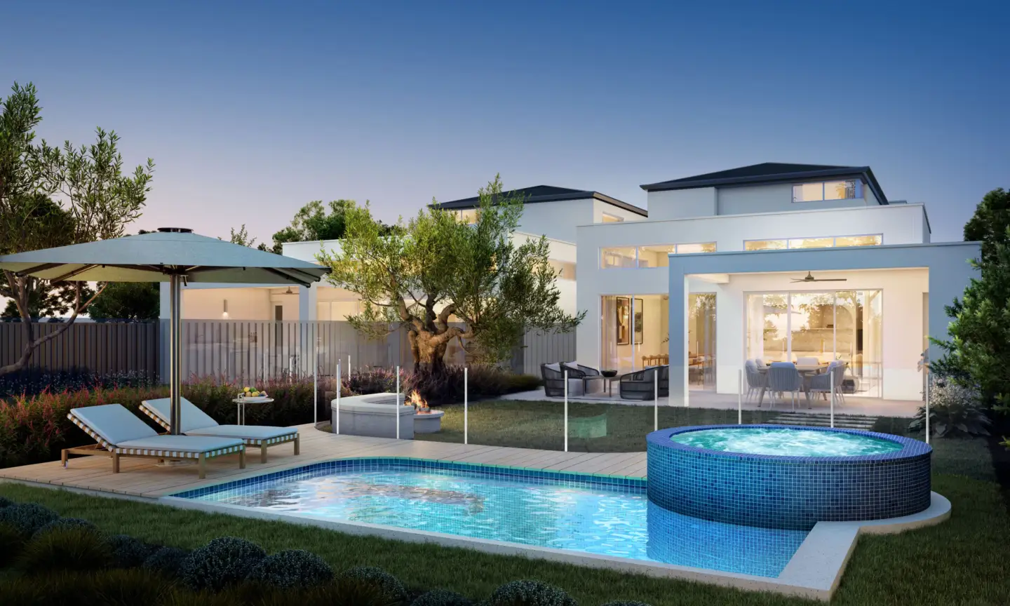 Best 3D Rendering Companies in Abu Dhabi for Real Estate & Architecture Modern villa with pool and garden at dusk, Best 3D Rendering Companies in Abu Dhabi for Real Estate & Architecture