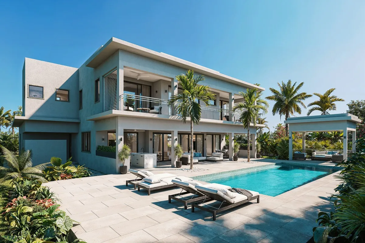 Best 3D Rendering Companies in Abu Dhabi for Real Estate & Architecture Modern villa with pool, patio seating and palm trees, Best 3D Rendering Companies in Abu Dhabi for Real Estate & Architecture