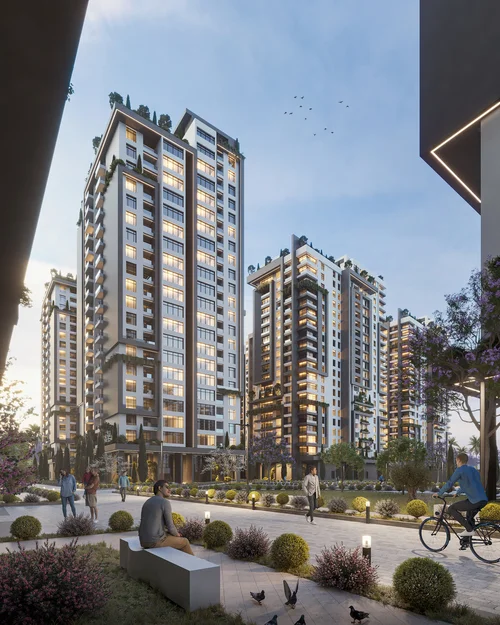 Best 3D Rendering Companies in Abu Dhabi for Real Estate & Architecture Residential towers with landscaped courtyard at dusk, Best 3D Rendering Companies in Abu Dhabi for Real Estate & Architecture