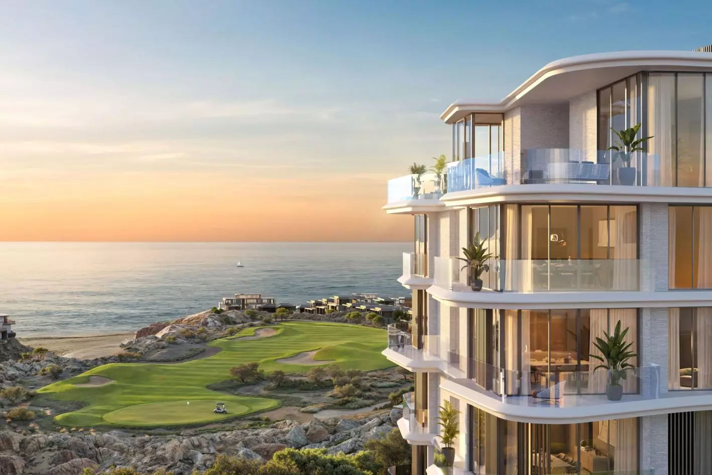 Best 3D Rendering Companies in Abu Dhabi for Real Estate & Architecture Seaside apartments overlooking golf course at sunset, Best 3D Rendering Companies in Abu Dhabi for Real Estate & Architectur