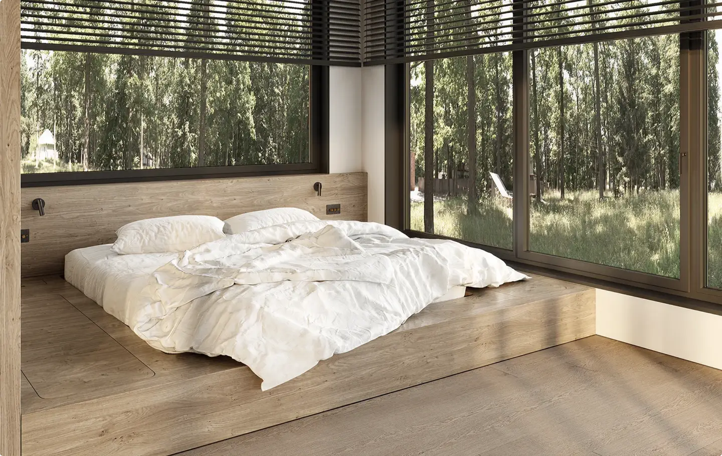 Best Architectural Rendering Software: Top Tools for Architects and Designers Minimal rendered bedroom with low bed and forest view windows